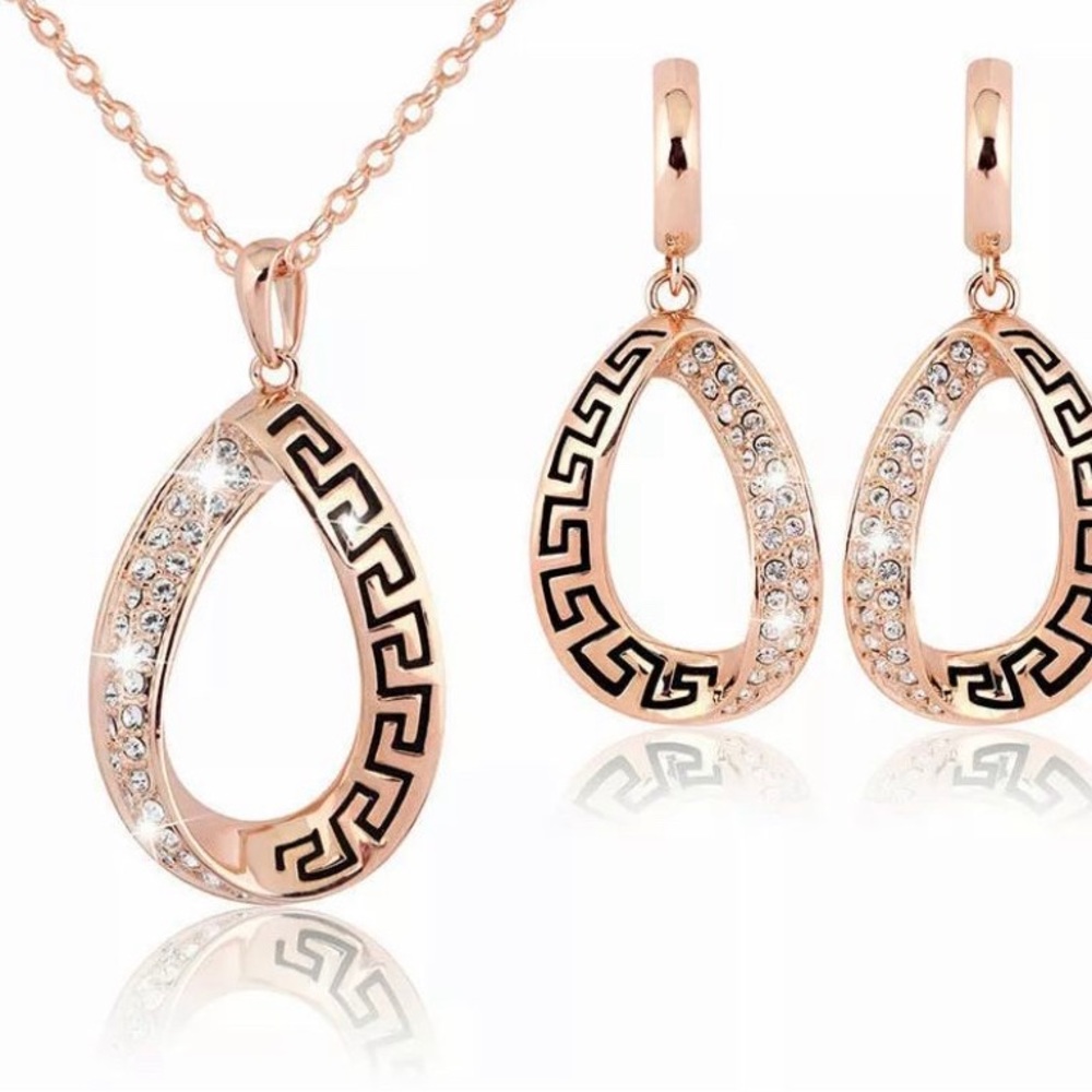 Lady Jewelry Set Gold Plated Bicolor Crystal Pendant Bridal Necklace Earring.